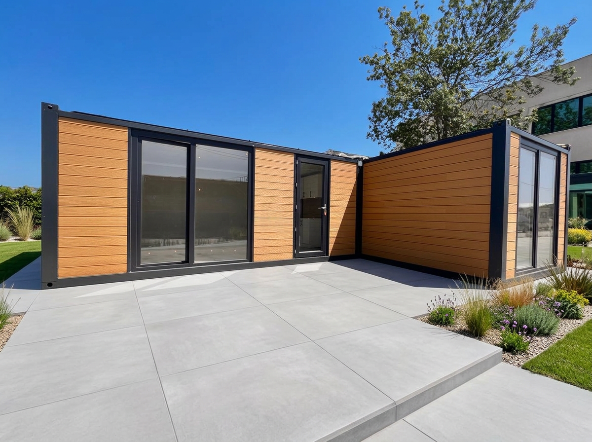 Two timber-clad modular units arranged in an L shape around a paved courtyard