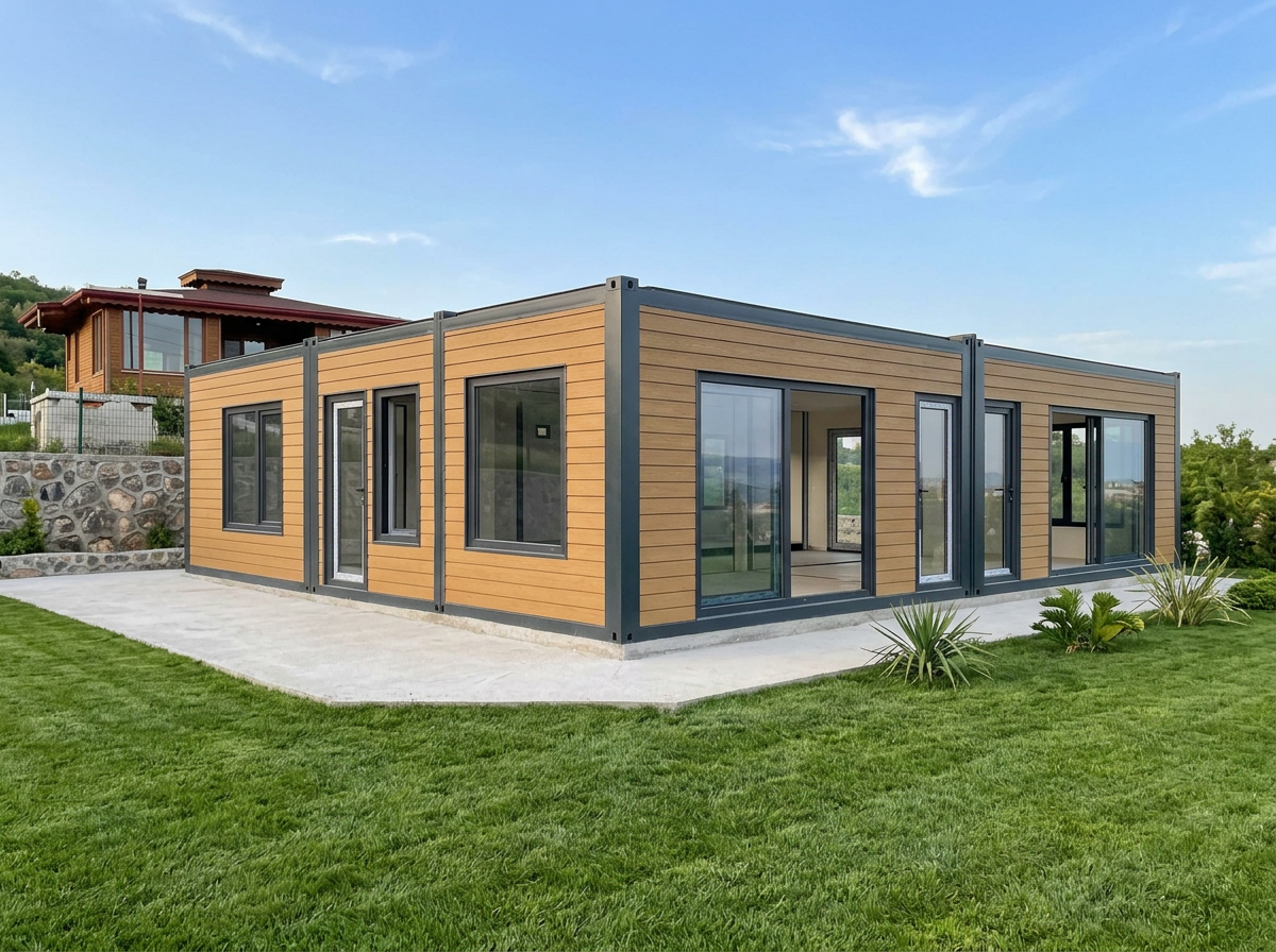 Wide timber-clad modular building made from several joined modules with large sliding windows