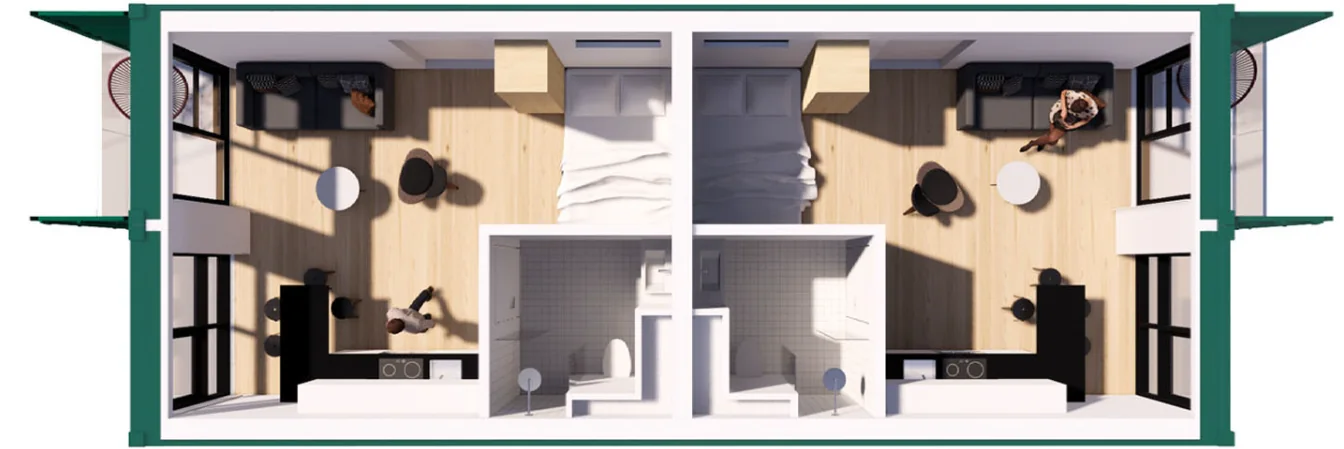 Combined 40 ft converted accommodation units floor layout