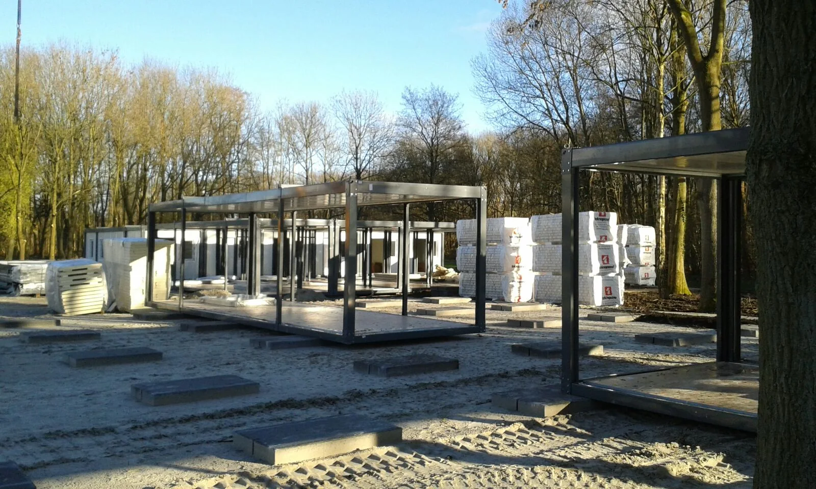 Rows of modular steel frames during construction at Assen