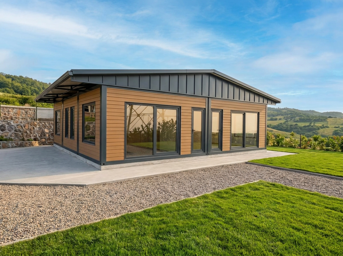 Timber-clad modular building with a pitched anthracite roof and entrance canopy