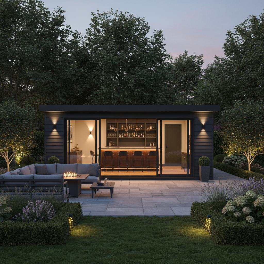 A modern grey modular garden bar with large glass windows and integrated lighting in a landscaped UK garden.