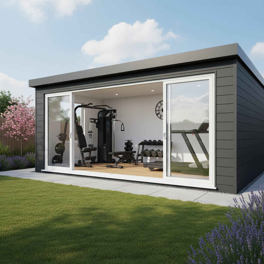 A modern steel-framed modular garden gym building with grey cladding and large windows in a UK garden setting.