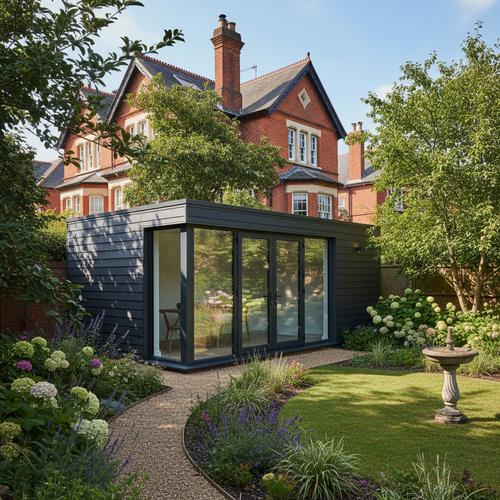 A modern Adacon P600 modular garden room with grey cladding in a traditional UK conservation area garden.