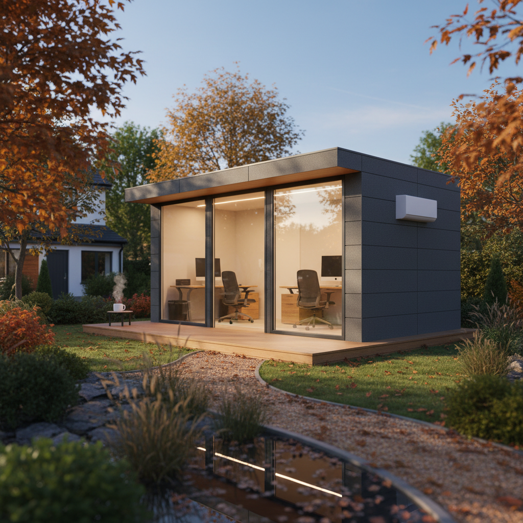 A modern anthracite Adacon P600 garden office module in a landscaped UK garden during autumn.