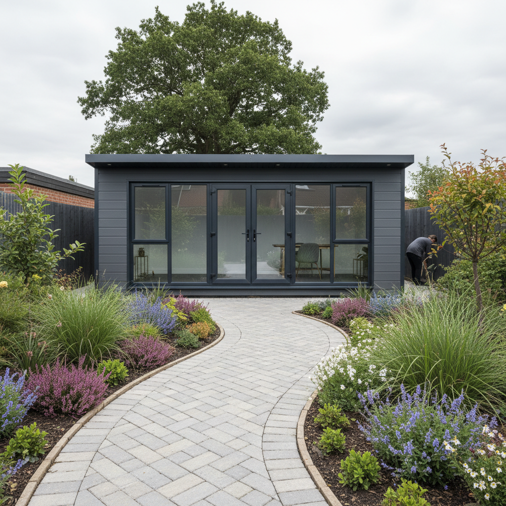 A modern anthracite grey Adacon P600 modular garden office installed in a residential UK garden.