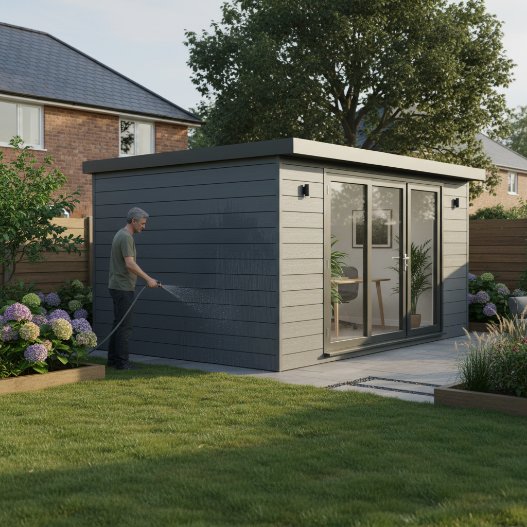 A homeowner cleaning a modern anthracite Adacon P600 garden office in a landscaped UK garden.