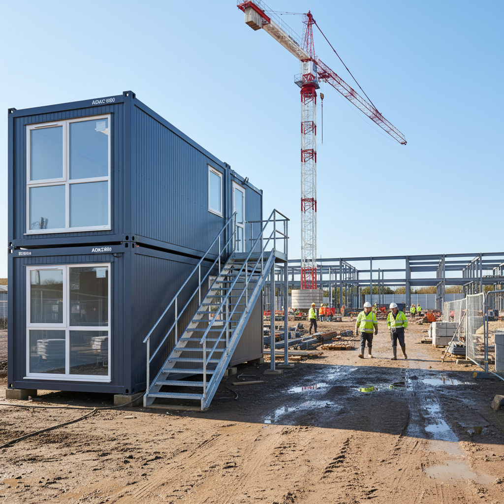 Two-storey stacked Adacon modular site office and welfare unit on a UK construction site.
