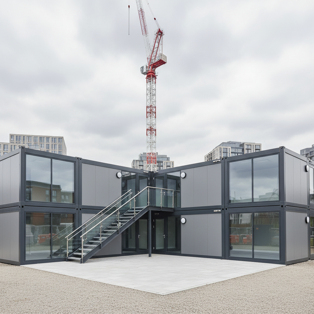 Two-storey modular construction site office complex made of Adacon P600 units on a UK building site.