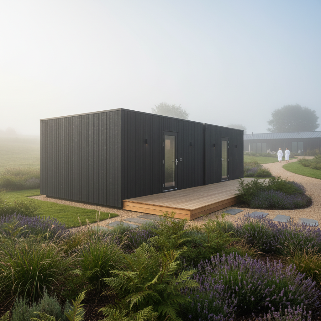 Contemporary modular spa changing rooms with dark cladding at a UK wellness retreat.