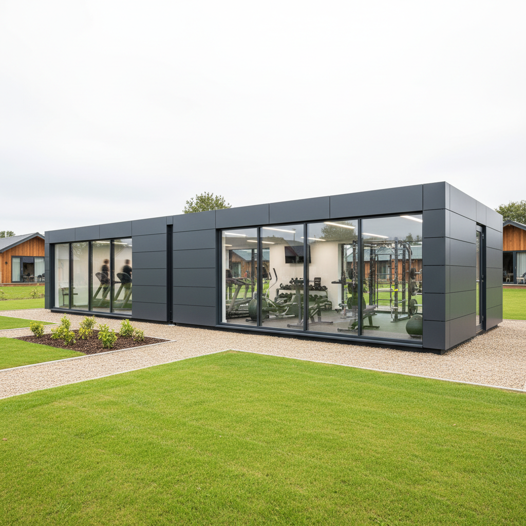 A modern two-module anthracite modular gym building installed on a luxury UK holiday park with large glass windows.