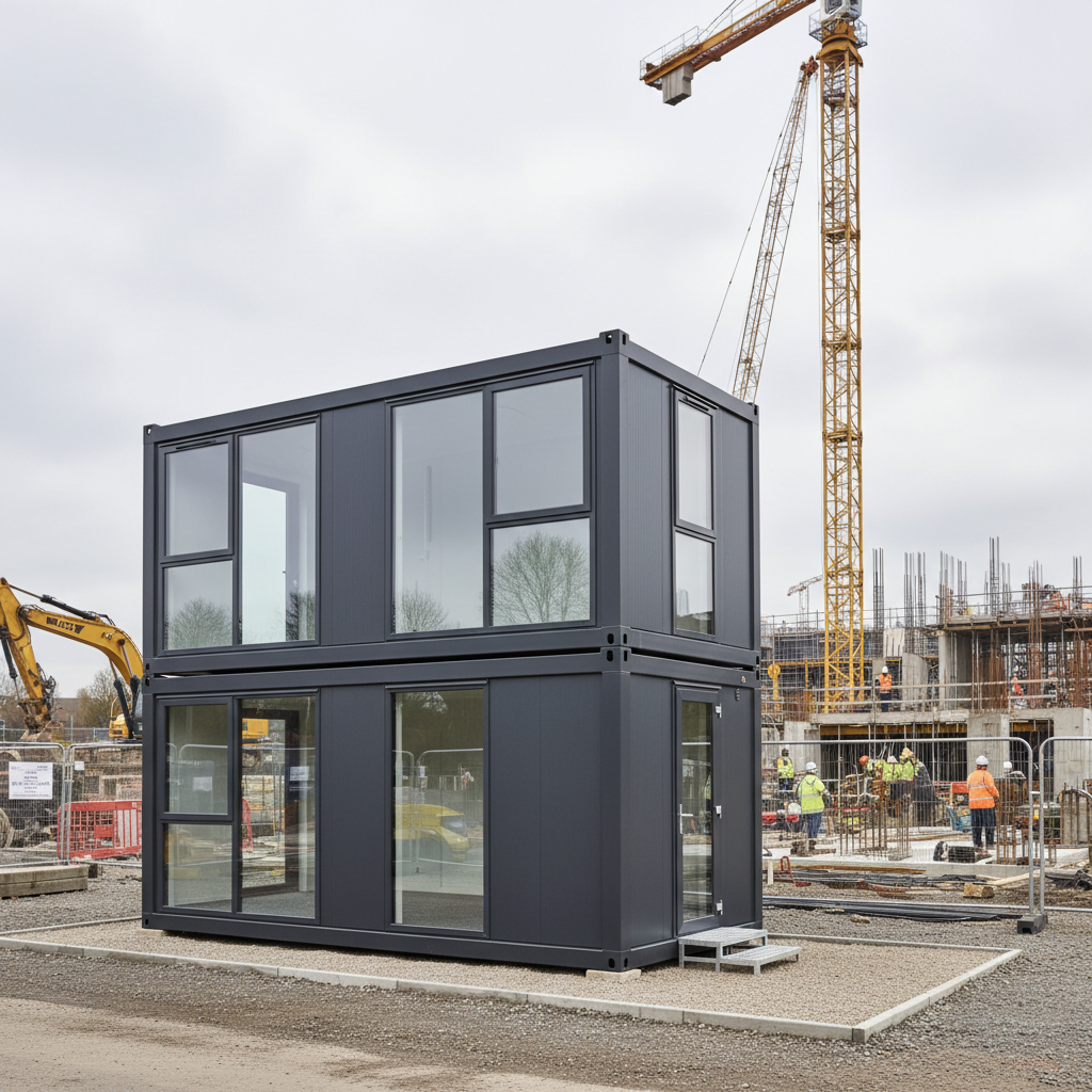 A modern two-storey modular site office and welfare unit on a UK construction site.