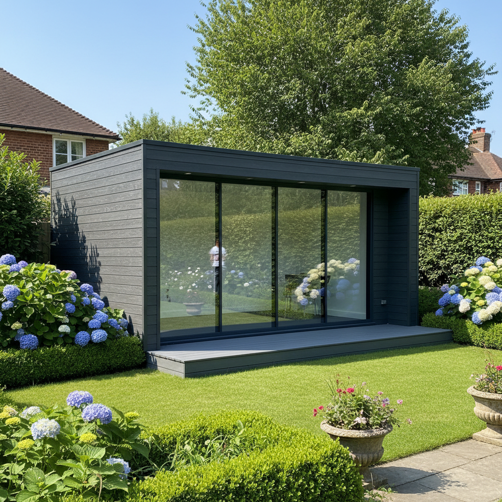 A modern Adacon P600 modular garden room with grey cladding and large glass doors in a landscaped UK garden.
