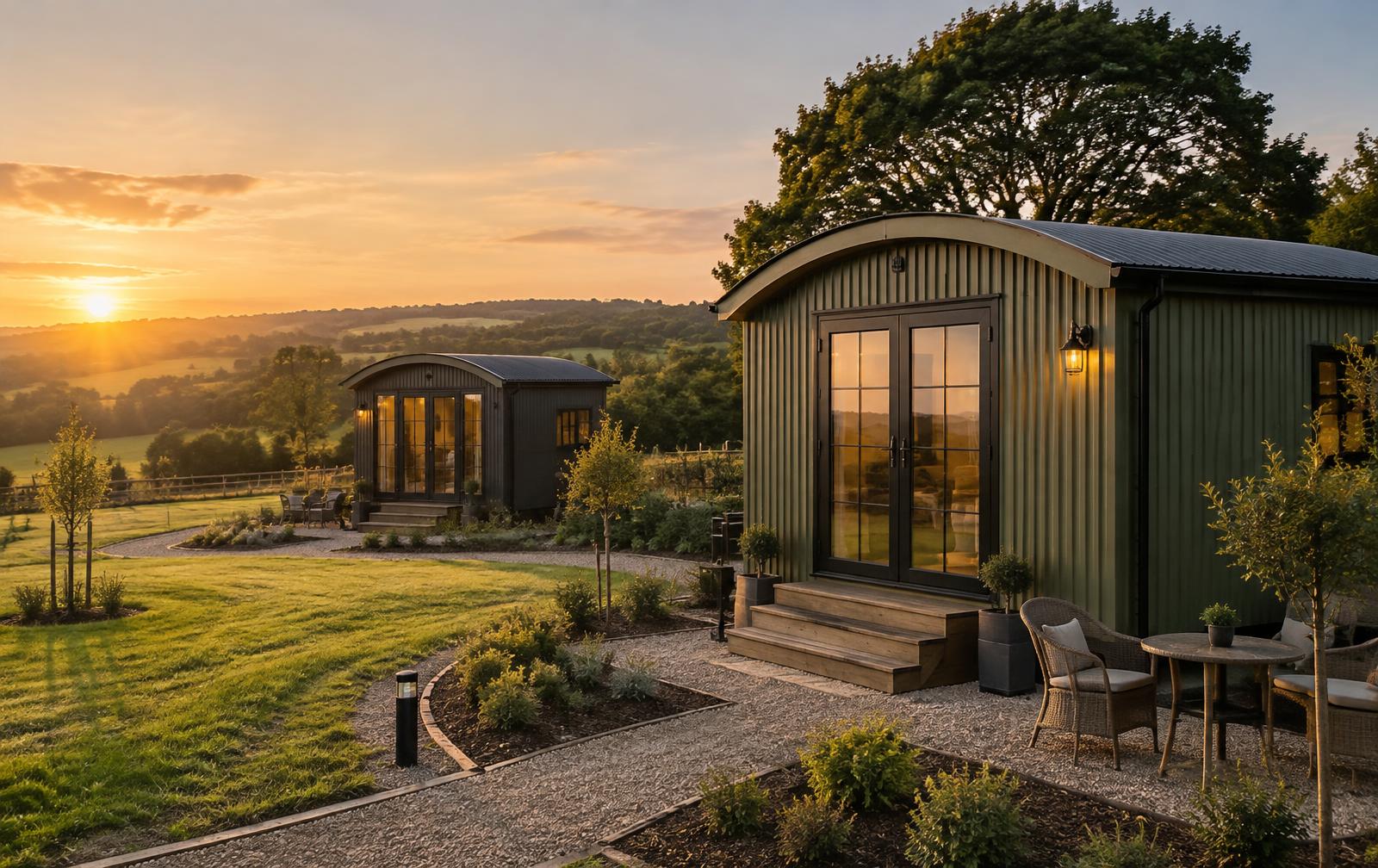 Two contemporary green shepherd huts on a rural glamping pitch
