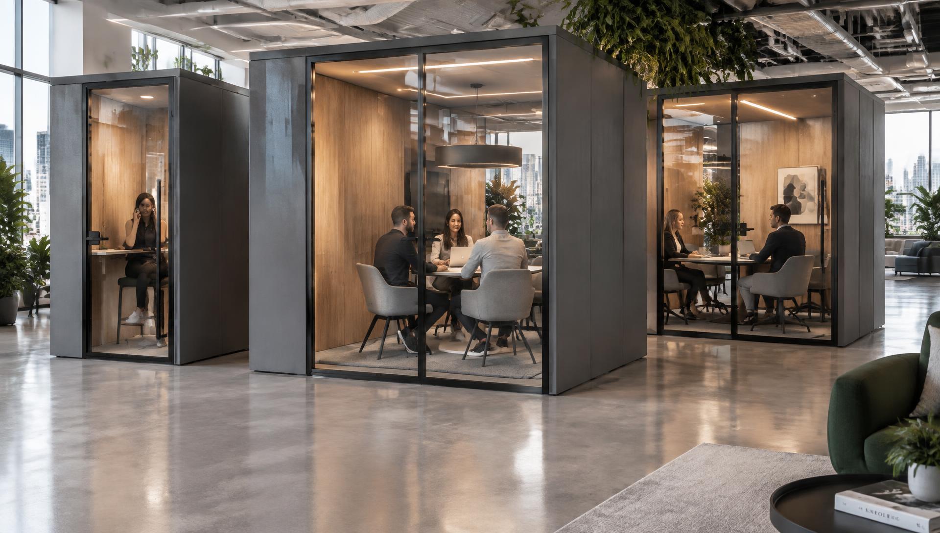 Adacon modular office pods with concealed external cladding inside a contemporary open-plan office