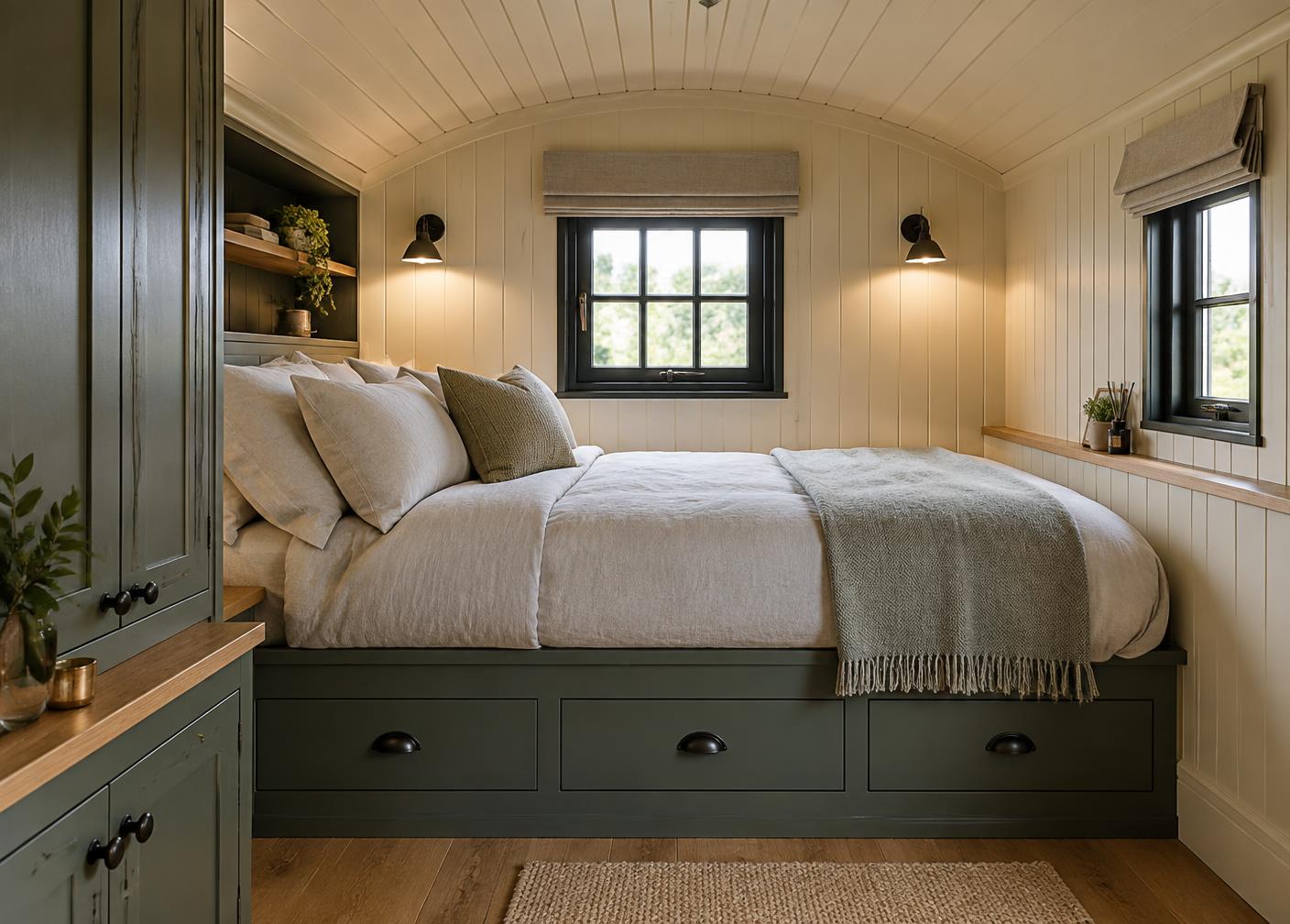 Shepherd hut interior with curved ceiling, cabinetry and built-in storage