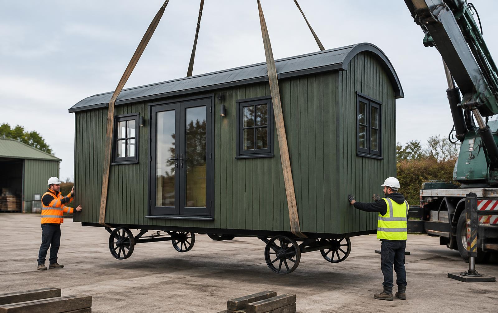 Contemporary shepherd hut being positioned by lifting equipment in an industrial yard