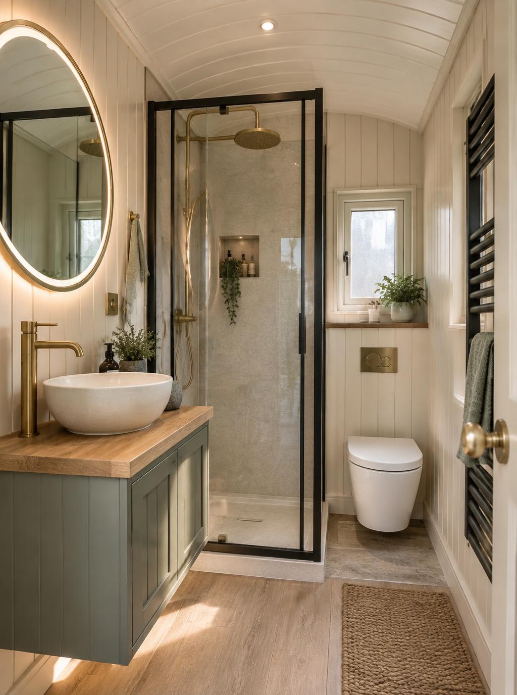 Compact shepherd hut shower room with vanity unit, WC and black framed glass shower