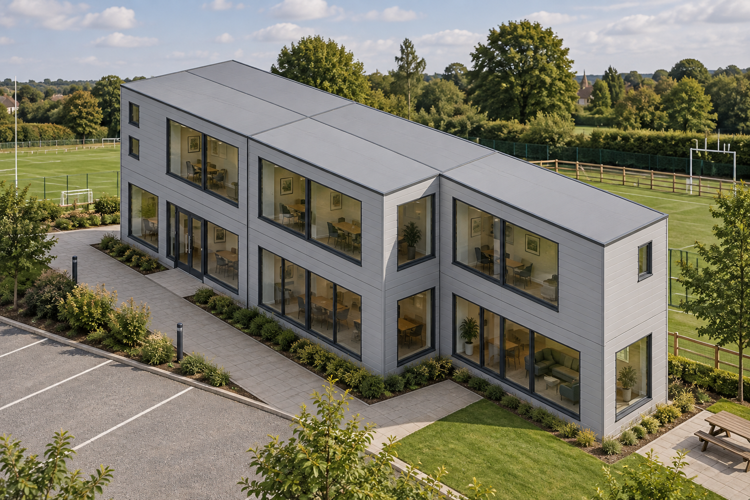 10-module two-storey modular clubhouse, Adacon modular building (illustrative)