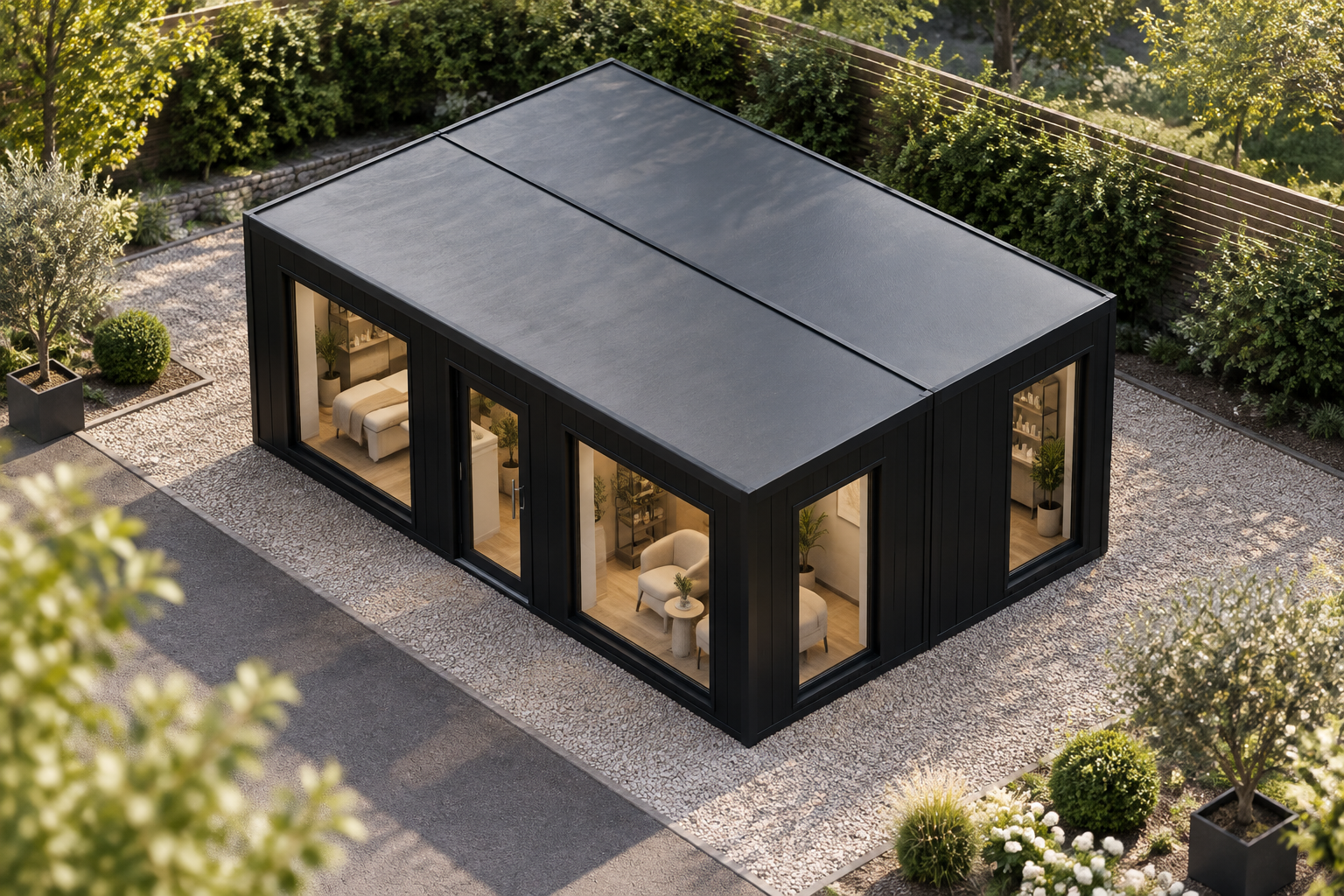 2-Module Beauty Salon with Kitchenette and WC Single-storey modular beauty salon in a landscaped setting