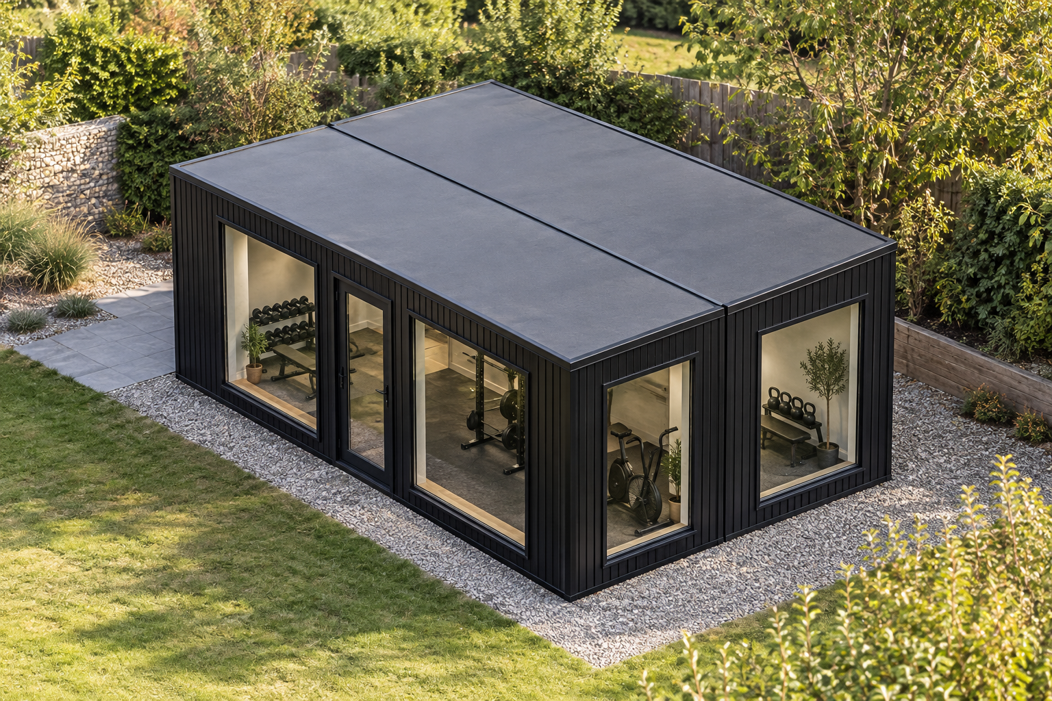 2-module single-storey modular gym, Adacon modular building (illustrative)