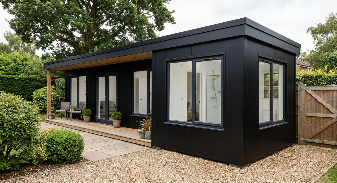 2-Module Gym with WC, Shower and Covered Terrace Two black single-storey modules with glazed double doors, large windows and a covered terrace, Adacon P600 modular building