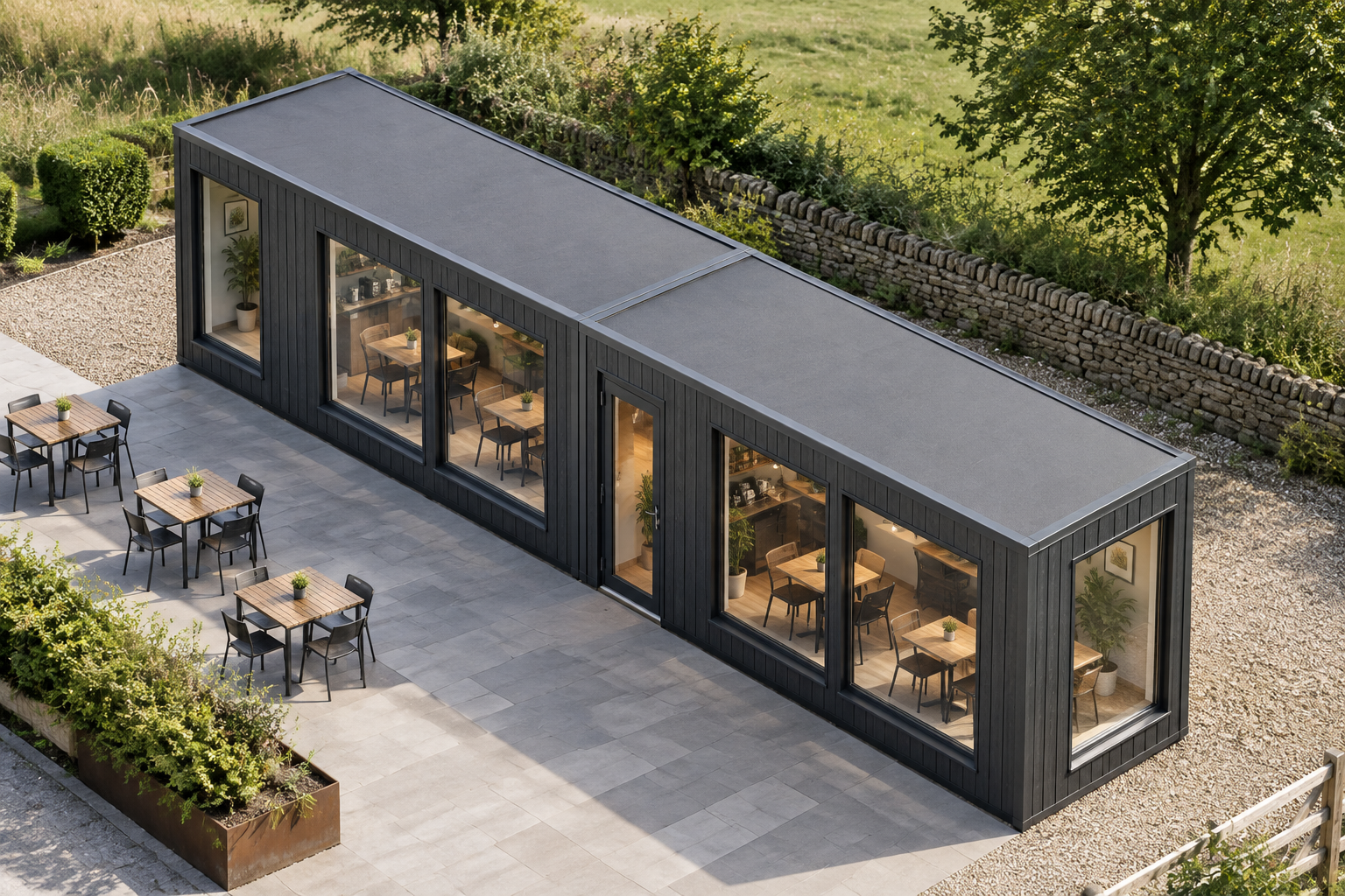 2-module single-storey modular café, Adacon modular building (illustrative)