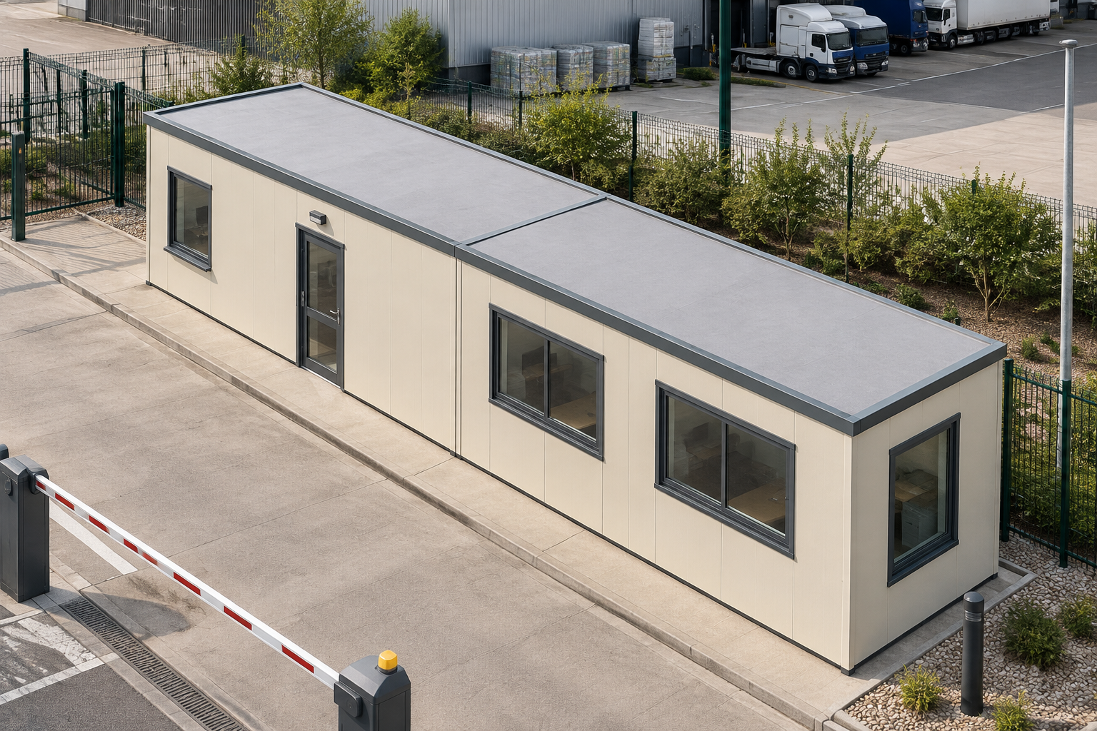2-Module Security Cabin with Serving Window and WC Cream single-storey modular security cabin positioned at a controlled site entrance.