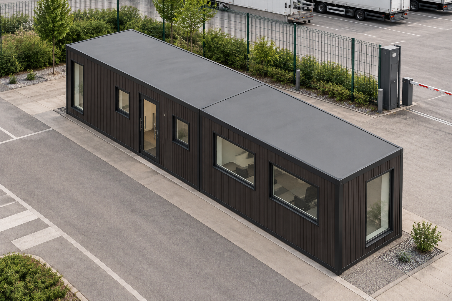 2-Module Security Cabin with WC Single-storey modular security cabin with dark Venge cladding at a distribution-centre entrance.