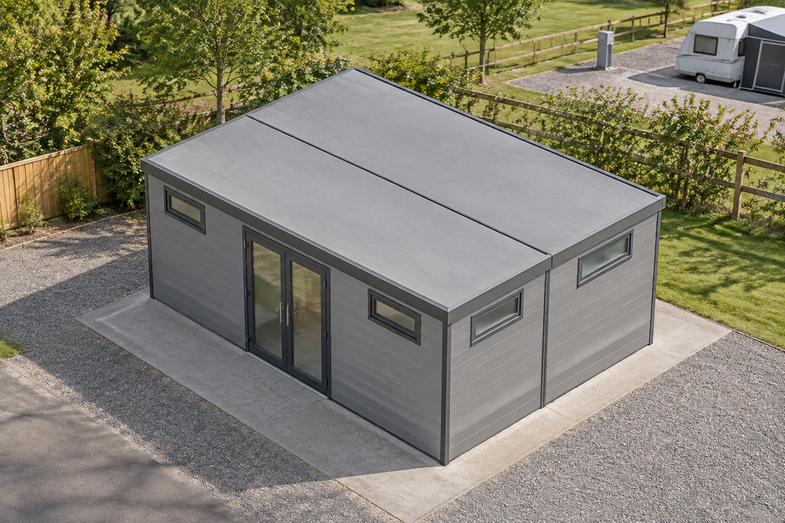Grey modular toilet and shower block in a clean, accessible site setting