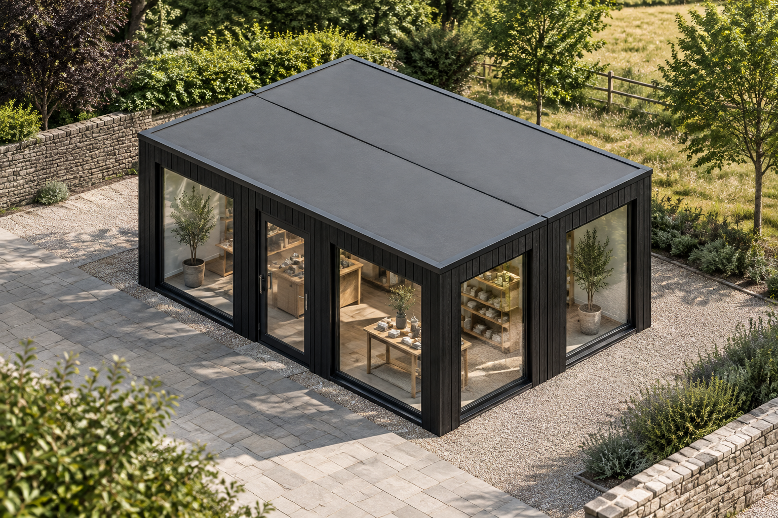 2-Module Wide Modular Shop with WC 2-module single-storey modular shop, Adacon modular building (illustrative)