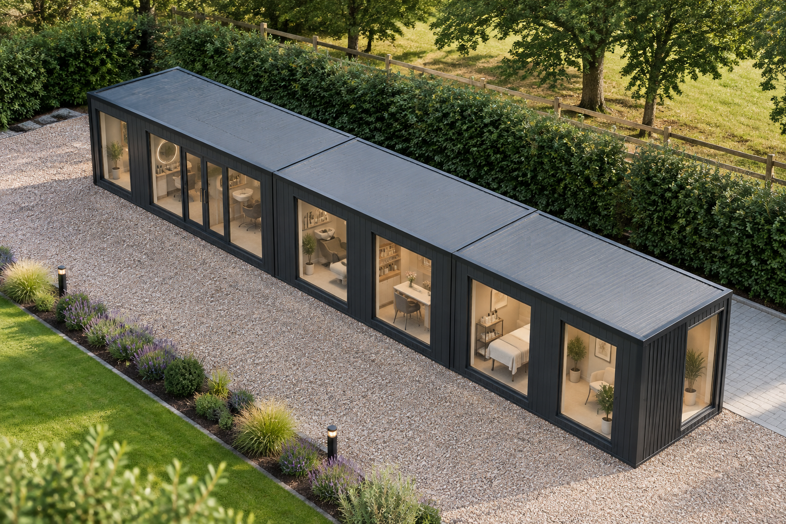 3-module single-storey beauty salon, Adacon modular building (illustrative)