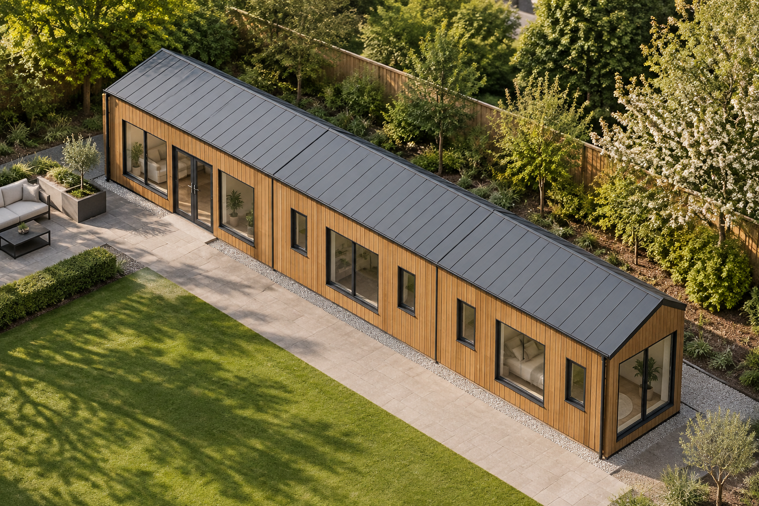 3-module single-storey garden room, Adacon modular building (illustrative)