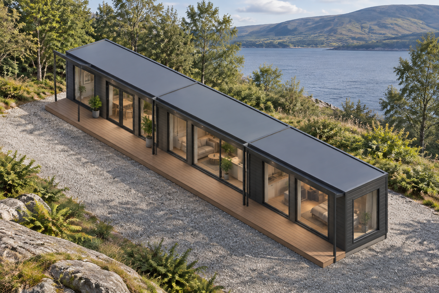 3-module single-storey holiday lodge, Adacon modular building (illustrative)