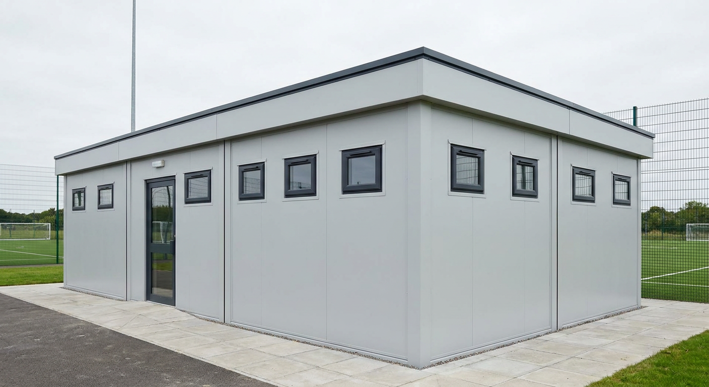 3-Module Modular Changing Rooms with WC and Shower 3 light-grey modules, single storey, glazed double door and small windows, no shutters or terrace. Adacon P600 modular buildi