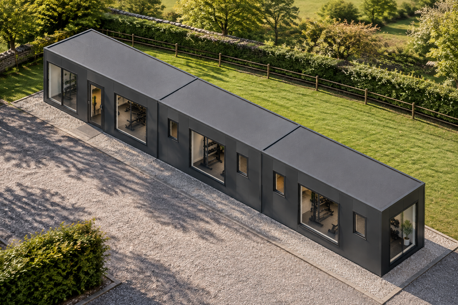 3-module single-storey modular gym, Adacon modular building (illustrative)