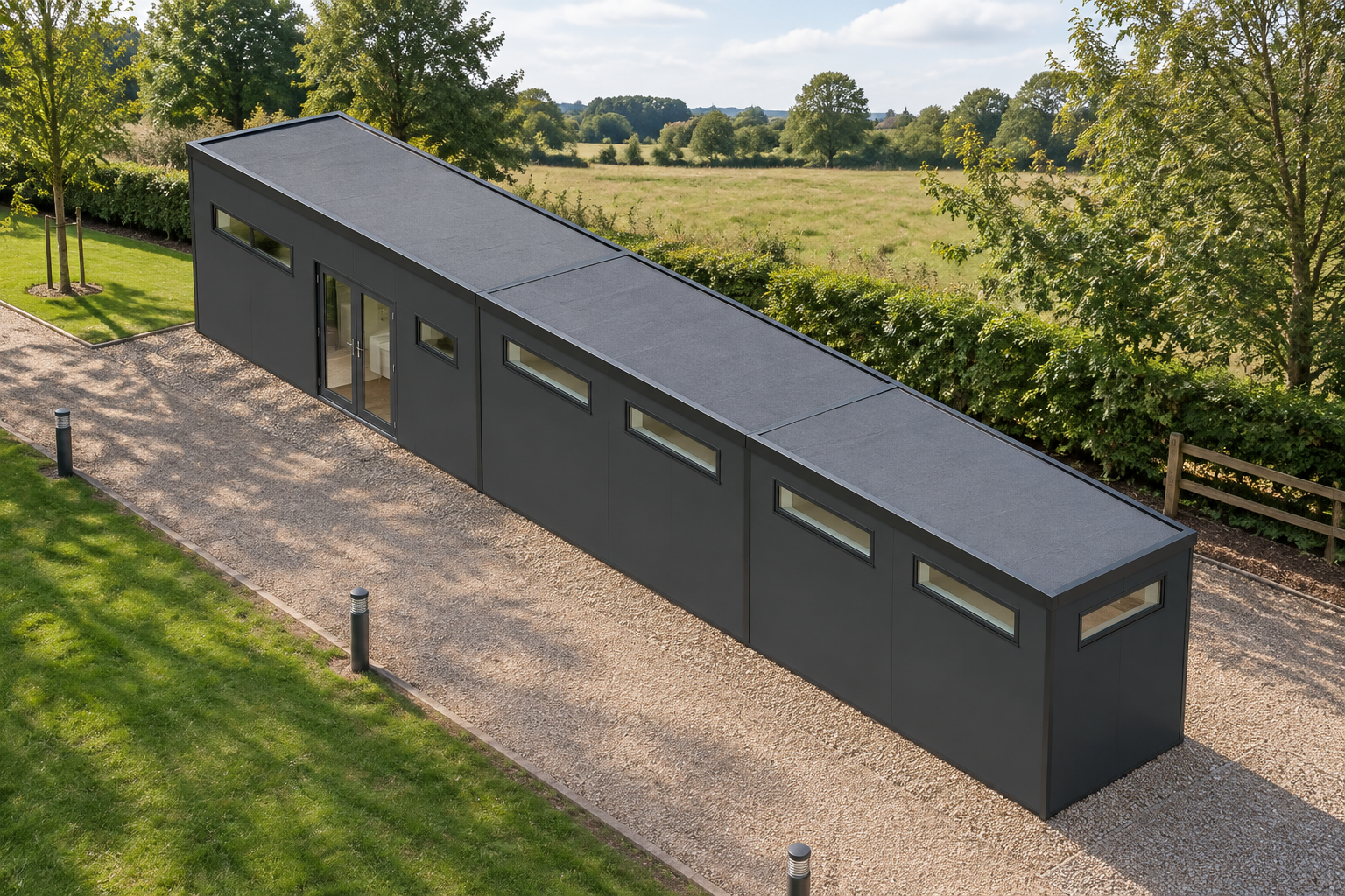 3-module single-storey modular shower block, Adacon modular building (illustrative)