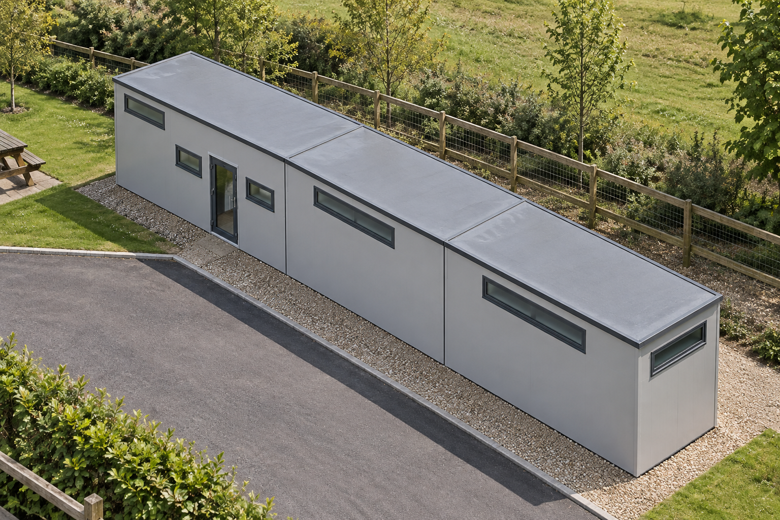 3-module single-storey modular shower block, Adacon modular building (illustrative)