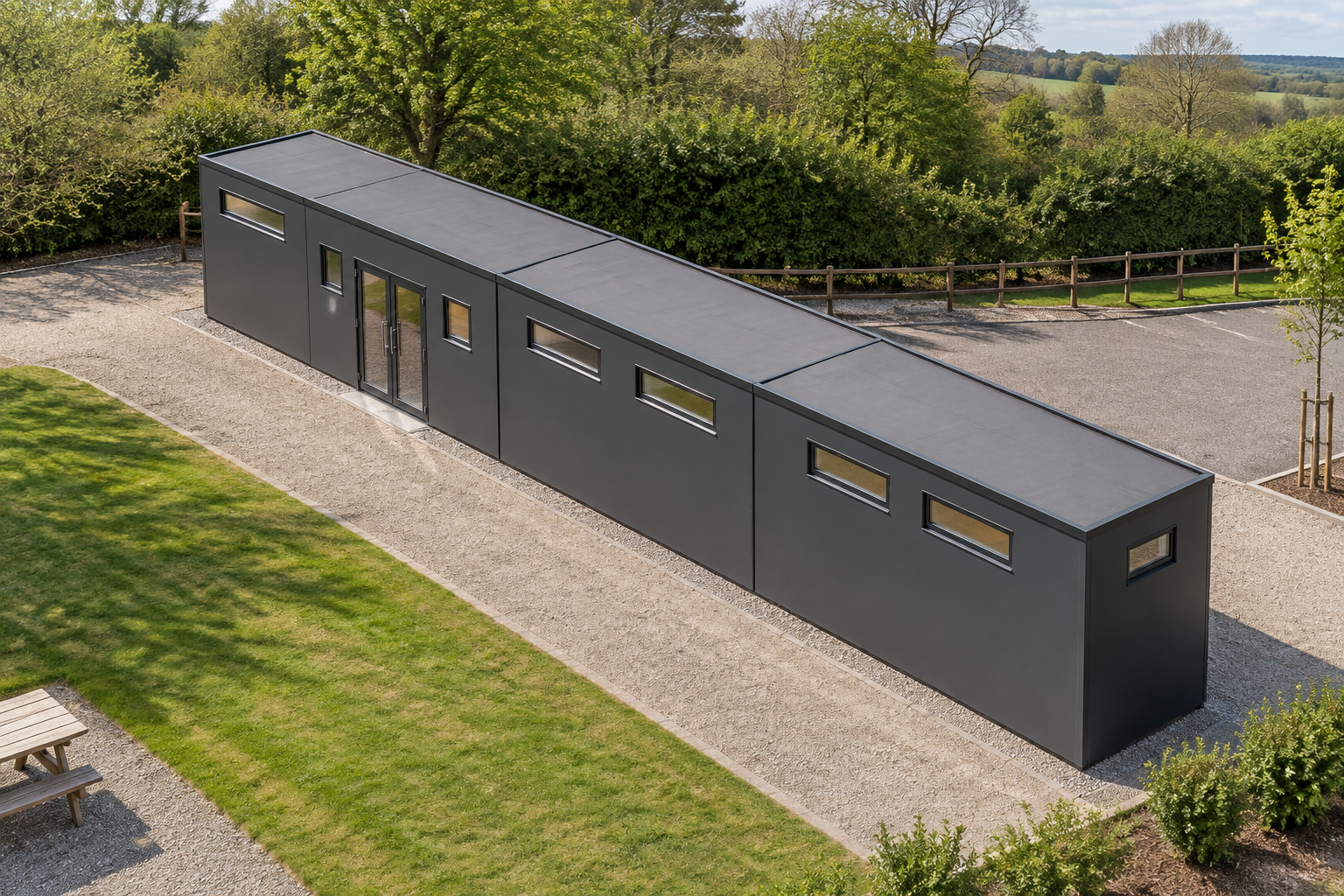 3-Module Modular Shower Block with WC 3-module single-storey modular shower block, Adacon modular building (illustrative)
