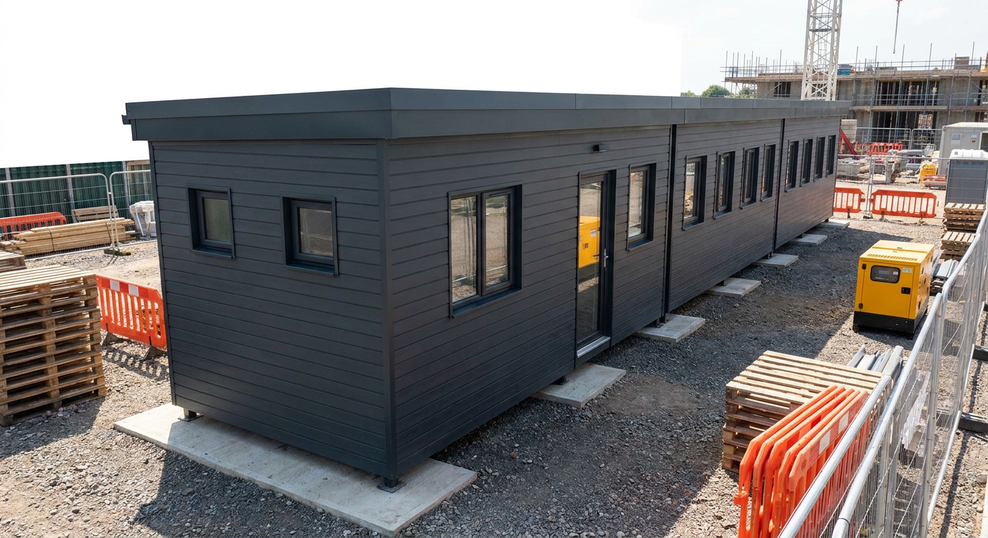 3-Module P600 Site Office with Kitchenette and WC Three single-storey Anthracite-clad modules, glazed door and small windows, no shutters or terrace, Adacon P600 modular build