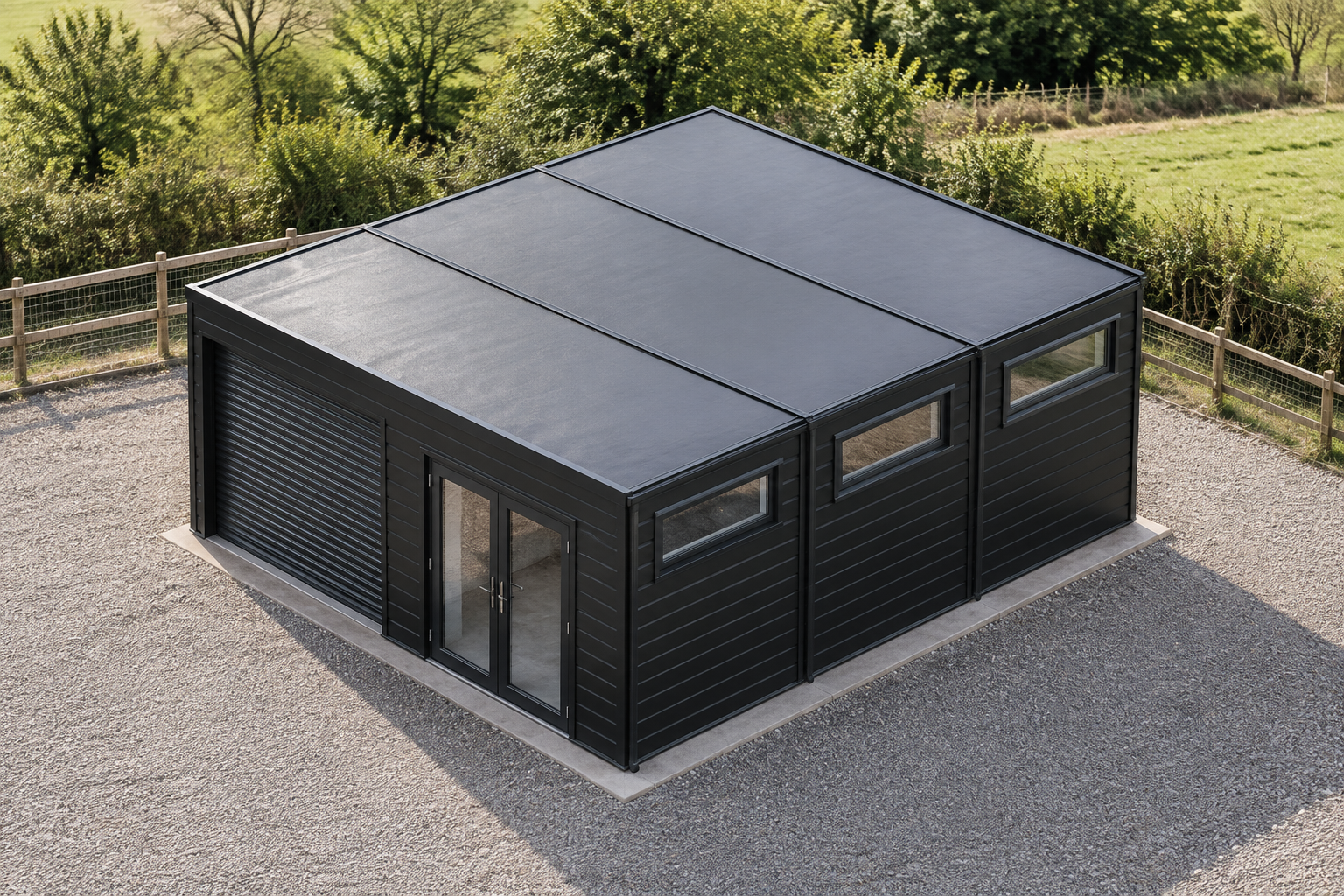 3-Module Secure Storage Unit with Roller Shutter 3-module single-storey secure storage unit, Adacon modular building (illustrative)