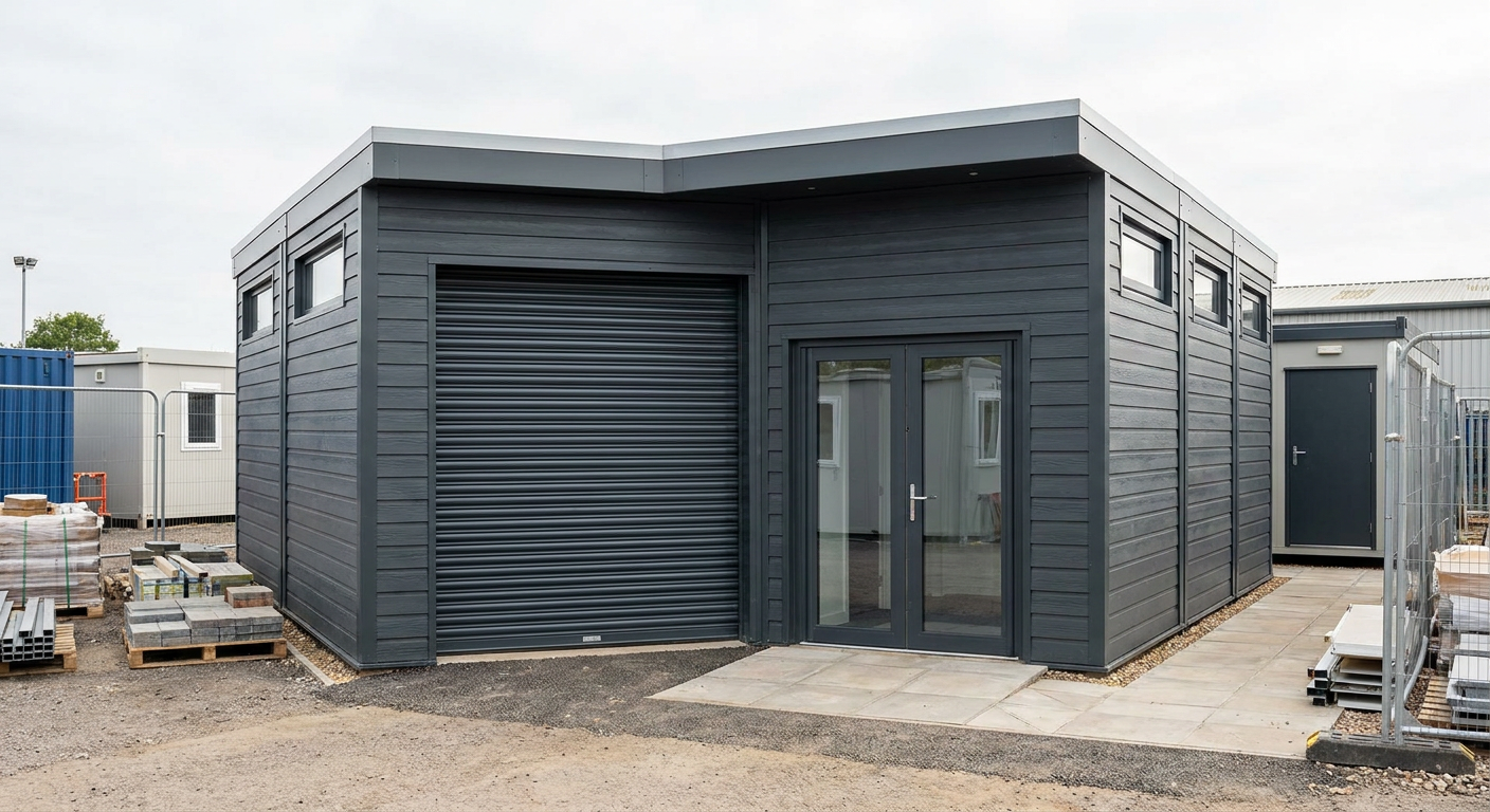 3-Module Secure Storage Unit with Roller Shutter Three single-storey black-clad modules with roller shutter, glazed double door and high windows, Adacon P600 modular building