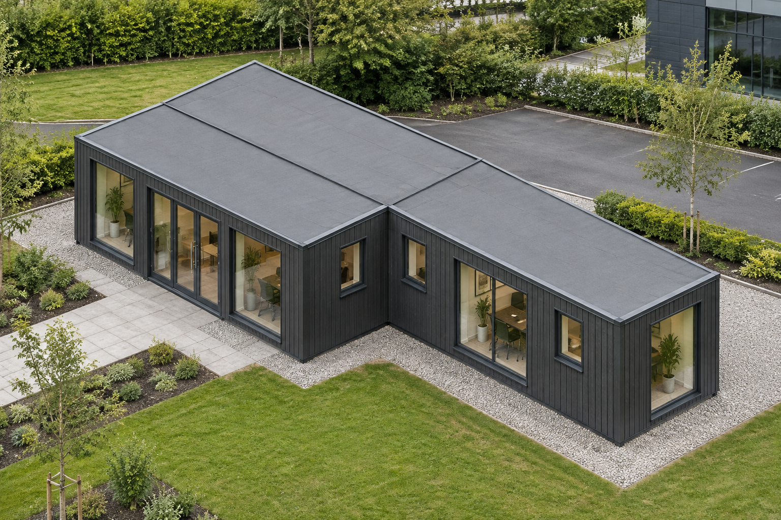3-Module Single-Storey Modular Office Single-storey modular office with Anthracite cladding in a landscaped commercial setting