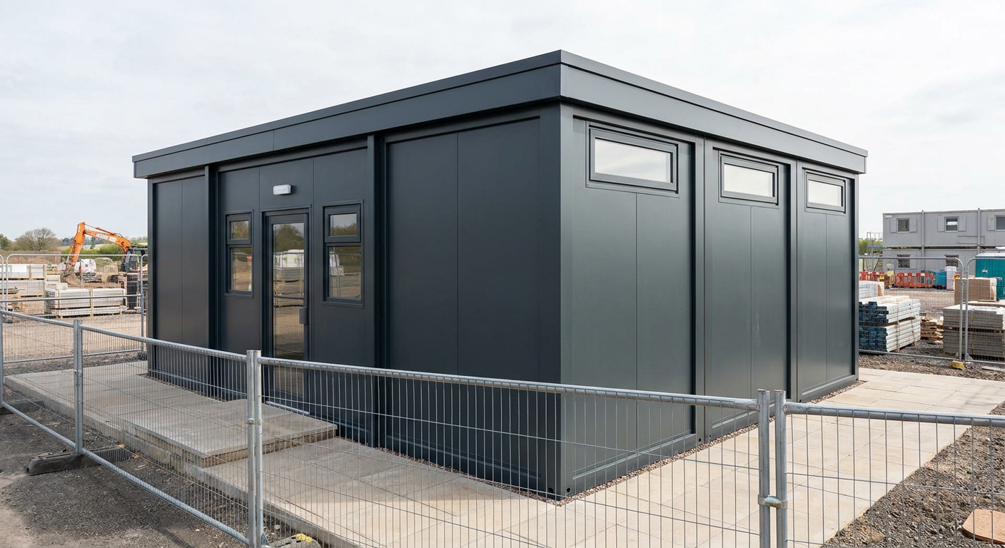 3-Module Site Welfare Unit with Canteen and WC Three single-storey modules with dark grey cladding, a glazed door and high-level windows, Adacon P600 modular building