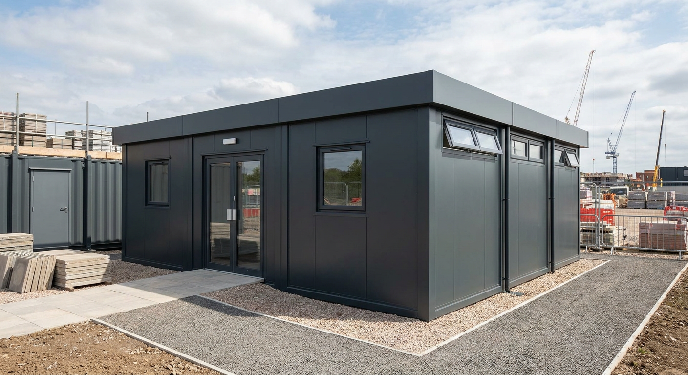 3-Module Toilet & Shower Block Three single-storey anthracite modules with glazed double doors and high-level windows, Adacon P600 modular building