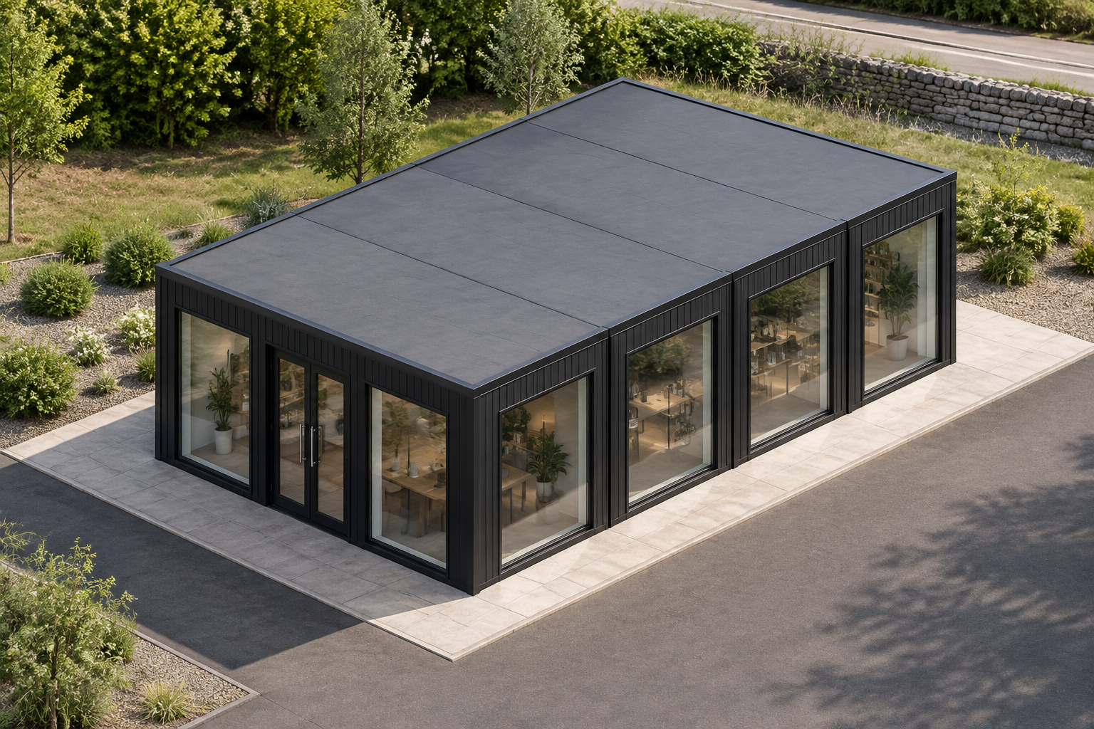 4-module single-storey modular shop, Adacon modular building (illustrative)