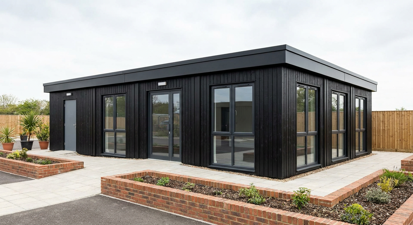 4-Module Black Modular Shop with WC Four black modules, one storey, double glazed doors and large windows; no shutters or terrace, Adacon P600 modular building