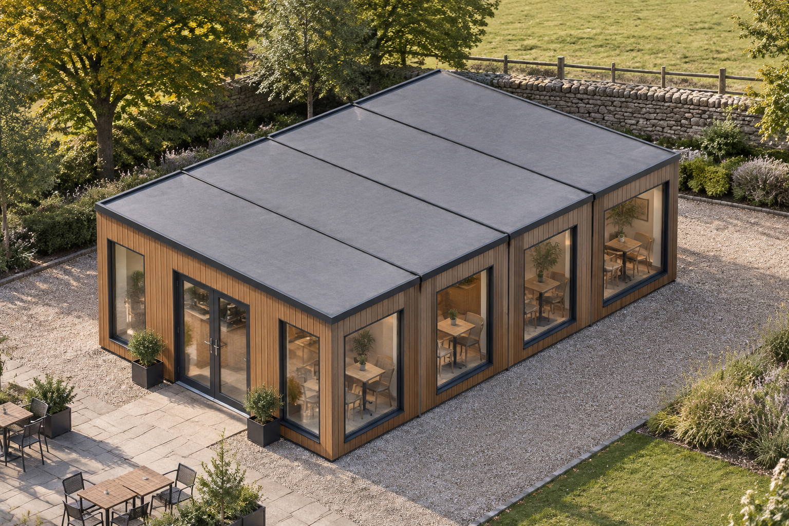 4-module single-storey modular café, Adacon modular building (illustrative)
