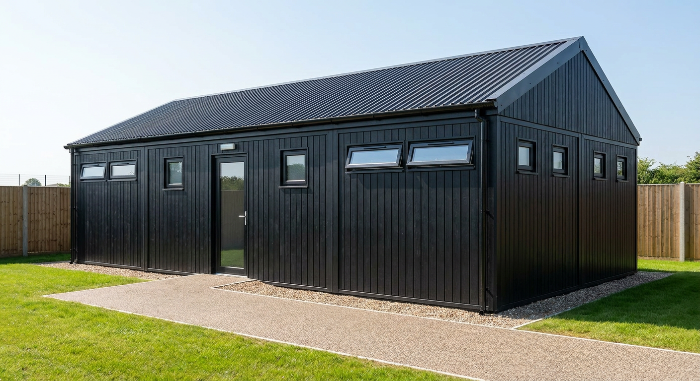 4-Module Changing Rooms with WC and Shower Four single-storey black-clad modules with apex roof, glazed door and windows, Adacon P600 modular building