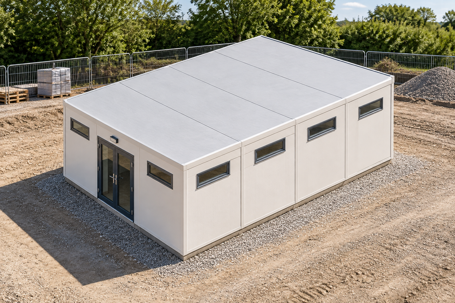 4-Module Construction Site Shower Block Single-storey modular shower block in a clear, orderly site setting.